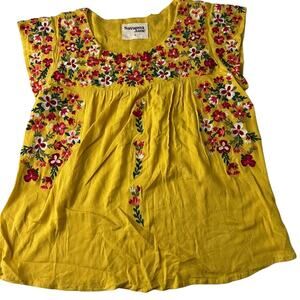 Savanna Jane Embroidered Short Sleeve Shirt Top Yellow Women Size Small
